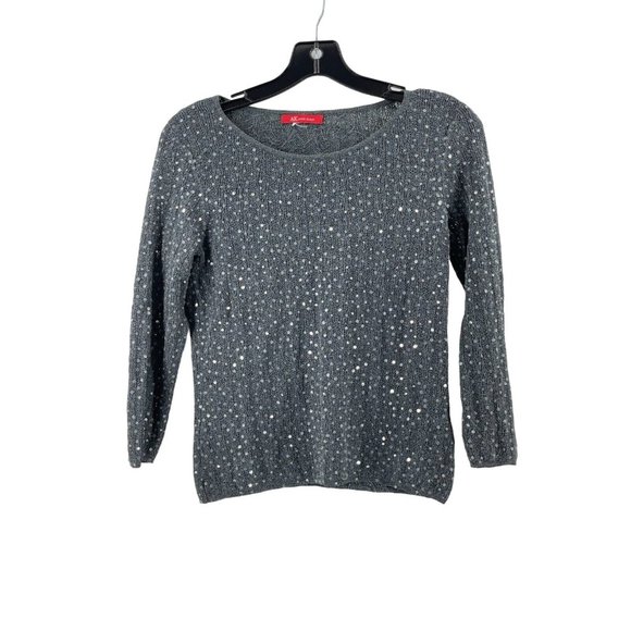 AK Anne Klein Women's Silver Gray Knit Sequins Long Sleeve Sweater Size Small - Picture 2 of 9